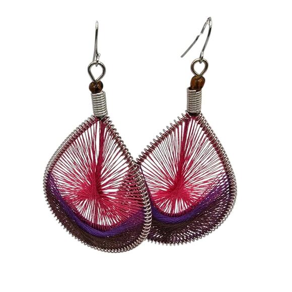 Pierced Earrings Boho Artisan Teardrop Shaped Statement Pink Purple Color - Picture 3 of 4